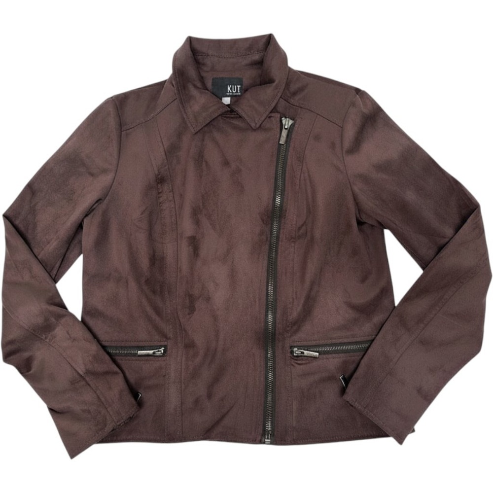 KUT from the Kloth Brown Faux Suede Moto Biker Jacket Size Large Zip Pockets
